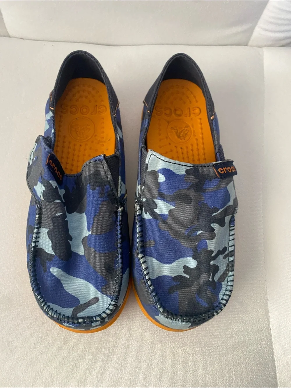CROCS Kids Blue & Black Camouflage Slip-On Shoes with Orange Soles